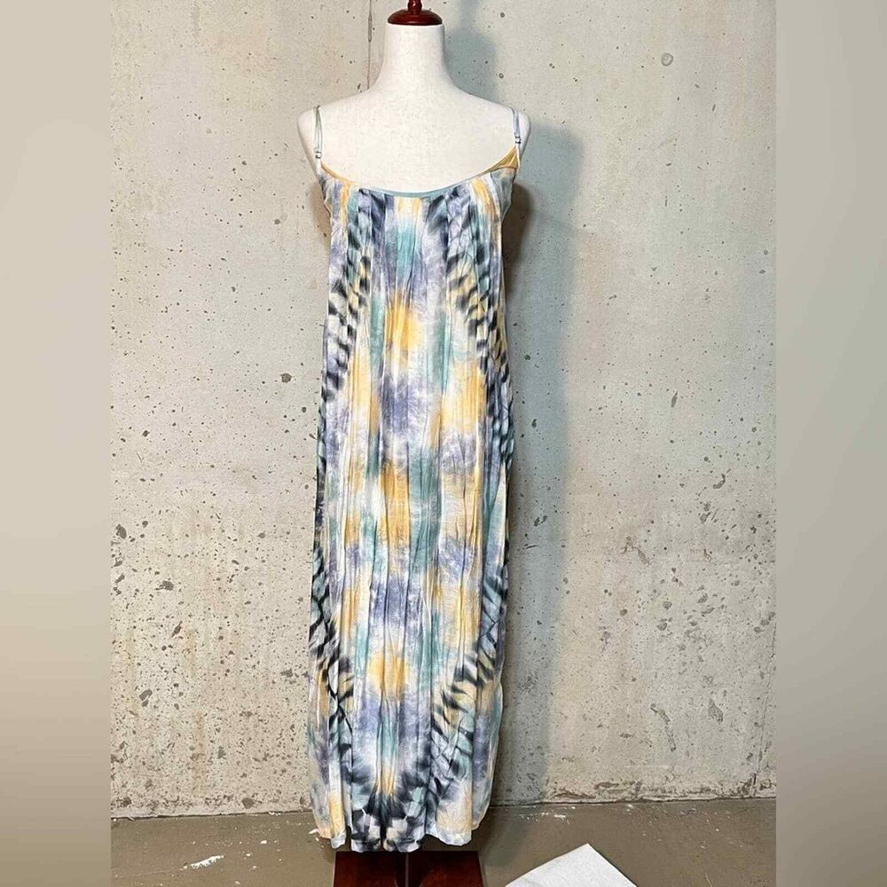 Look by M Maxi Dress Women One‎ Size Yellow Blue Tie Dye Boho Adjustable Straps